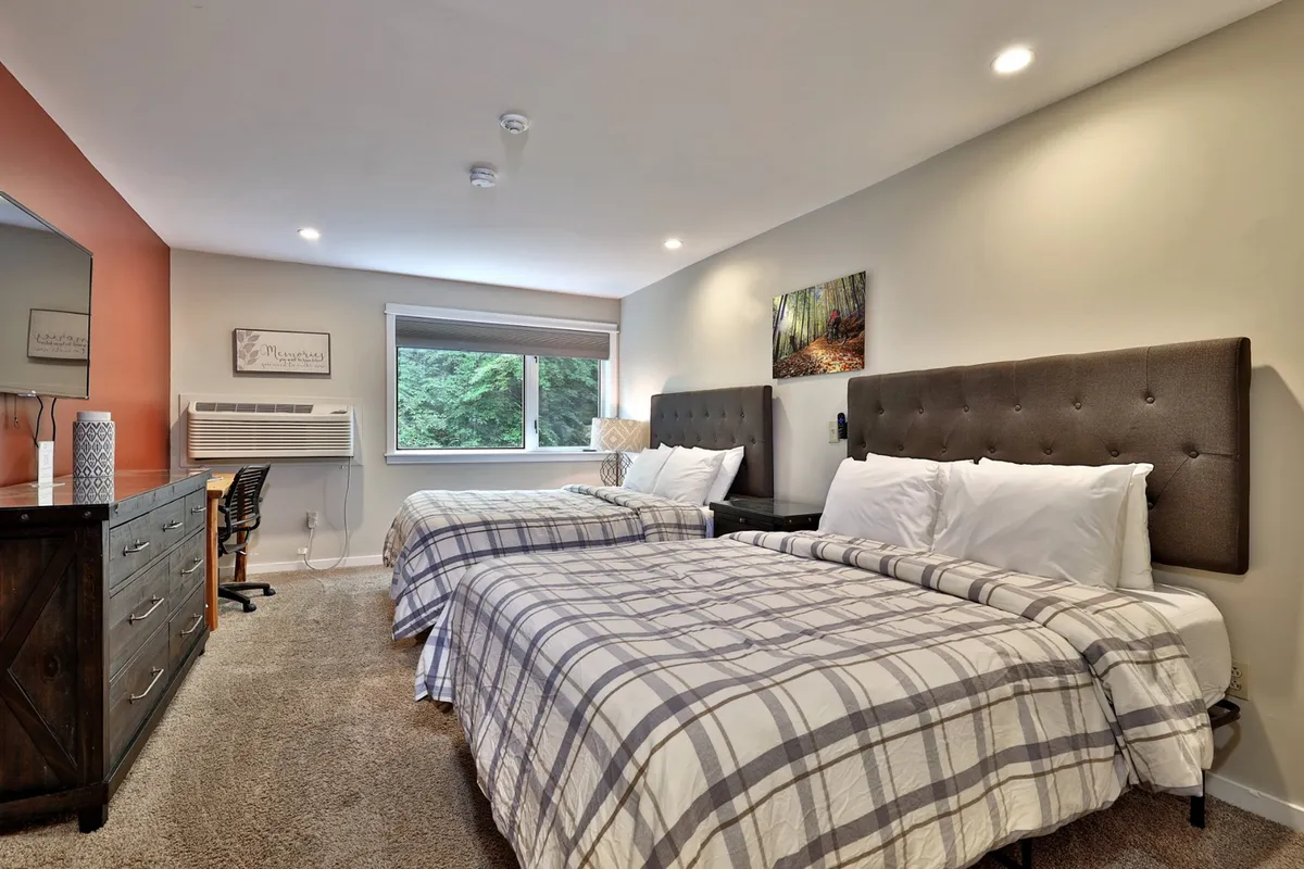 This image displays another angle of the studio area, showing two beds, a window with a nature view, a desk area, and wall art. The lighting and arrangement evoke a cozy, restful atmosphere.